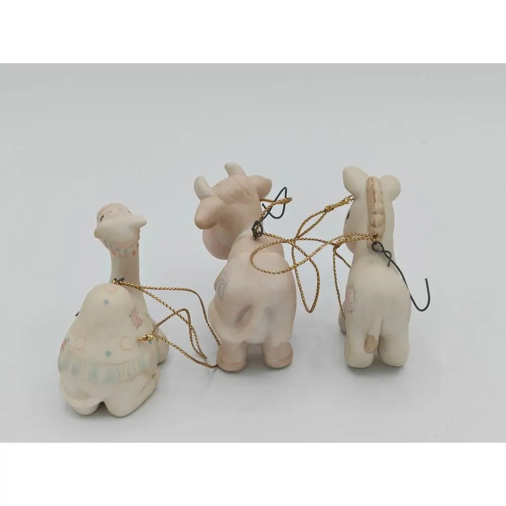 Precious Moments E2386 Trio Of Porcelain Bisque Nativity Animal Ornaments 1982